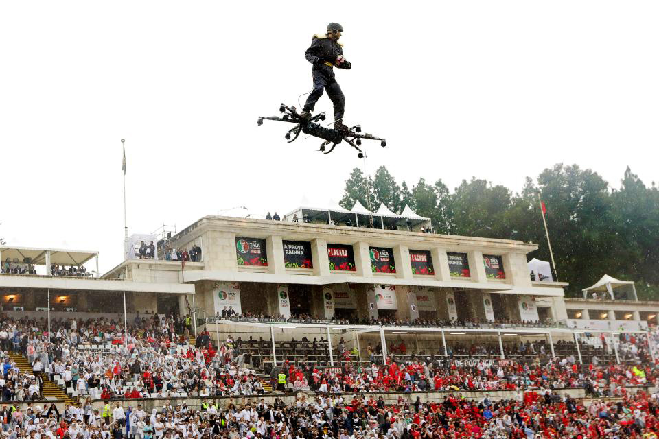 Omni Hoverboards' Prototype 2 hoverboard flying at a stadium. Omni Hoverboards' Prototype 2 hoverboard flying at a stadium.